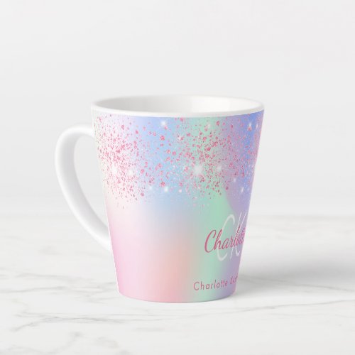 Holographic pink glitter purple mint rainbow name latte mug