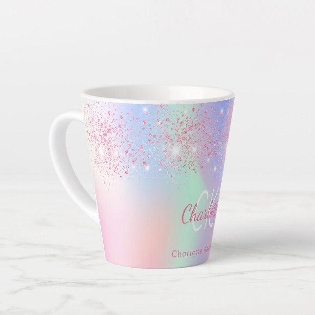 Holographic pink glitter purple mint rainbow name latte mug (Left Angle)