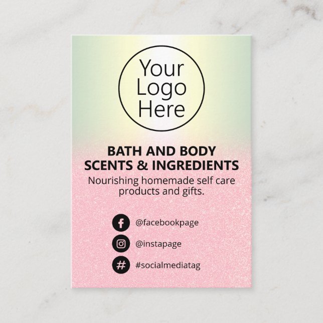 Holographic Pink Glitter Spa Ingredient List Logo Business Card (Front)