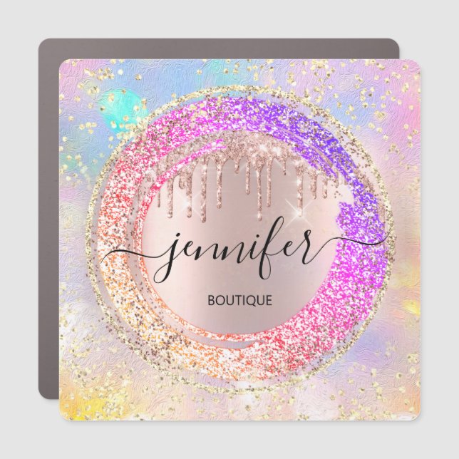 Holographic Pink Gold Name Circle Framed Logo  Car Magnet (Front)