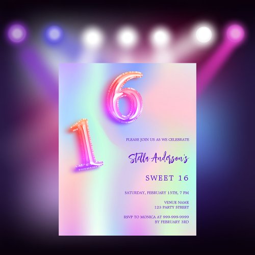 Holographic pink neon Sweet 16 budget invitation