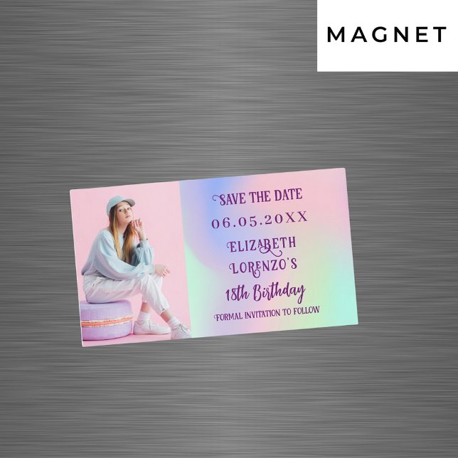 Holographic pink photo birthday Save the Date (Creator Uploaded)