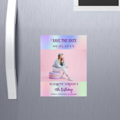 Holographic pink photo birthday Save the Date