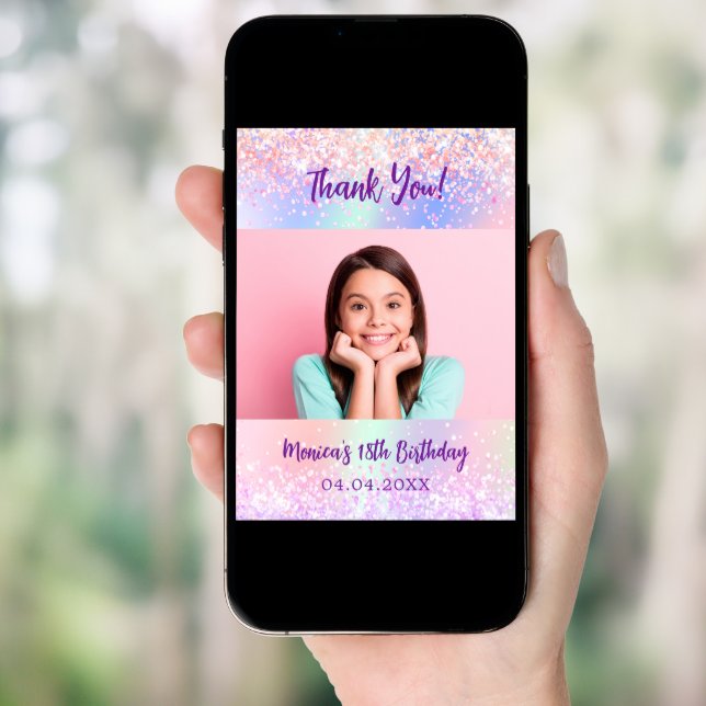 Holographic pink photo birthday thank you card (Front Digital)