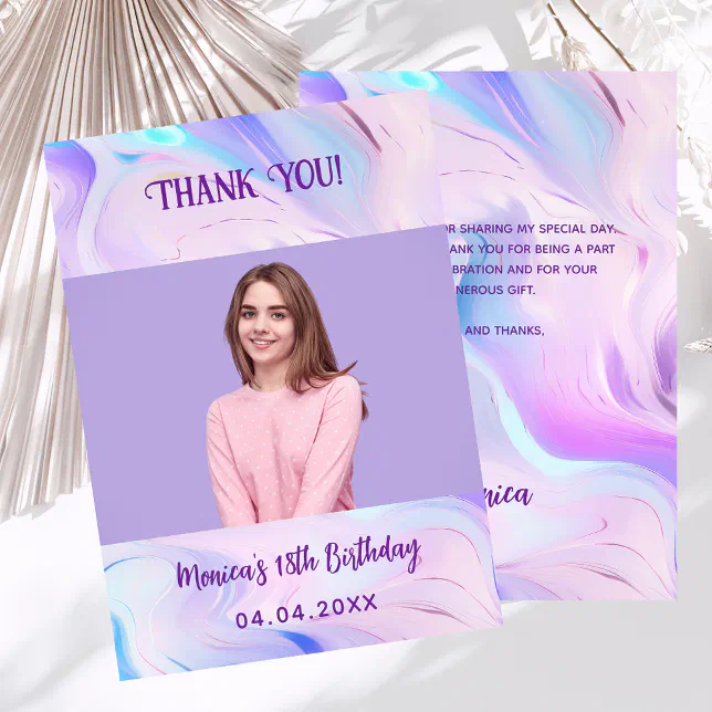 Holographic pink photo birthday thank you card | Zazzle