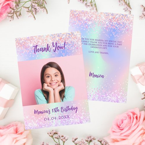 Holographic pink photo birthday thank you card
