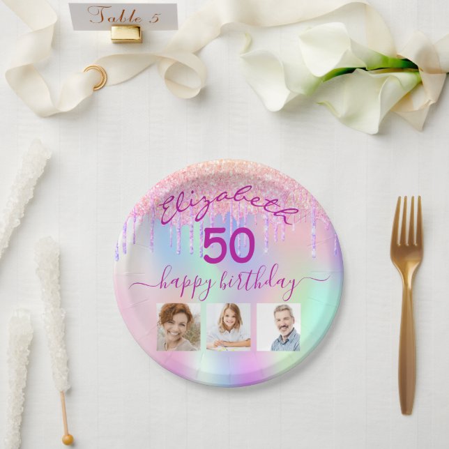Holographic pink photo collage birthday paper plates (Wedding)