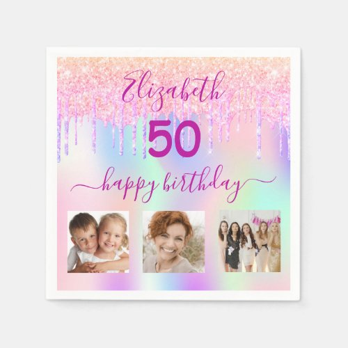 Holographic pink photo glitter birthday napkins