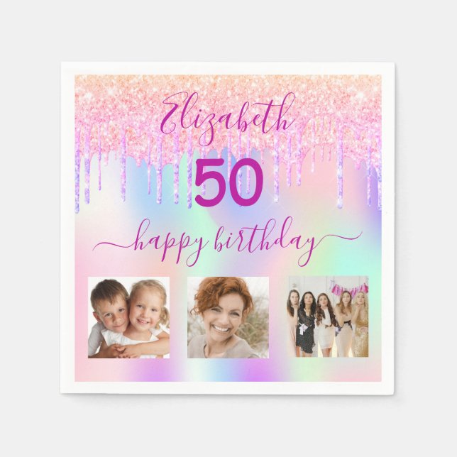 Holographic pink photo glitter birthday napkins (Front)