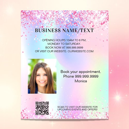 Holographic pink photo qr code business flyer