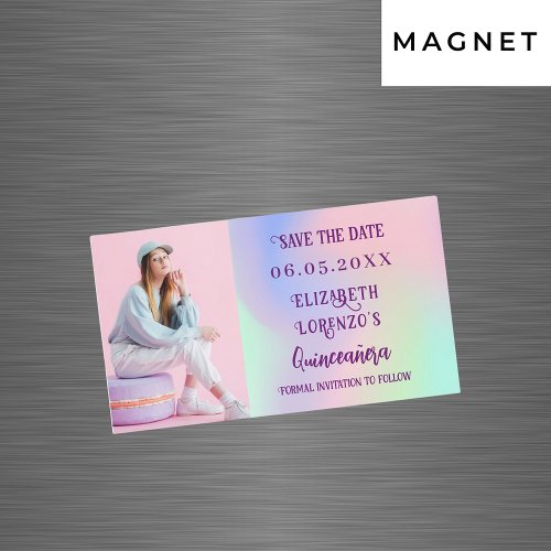 Holographic pink photo Quinceanera Save the Date