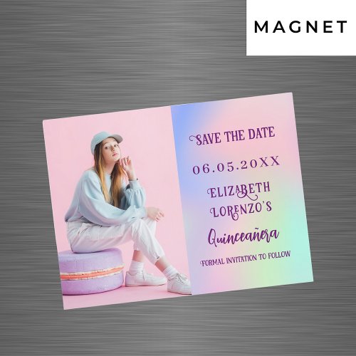 Holographic pink photo Quinceanera Save the Date