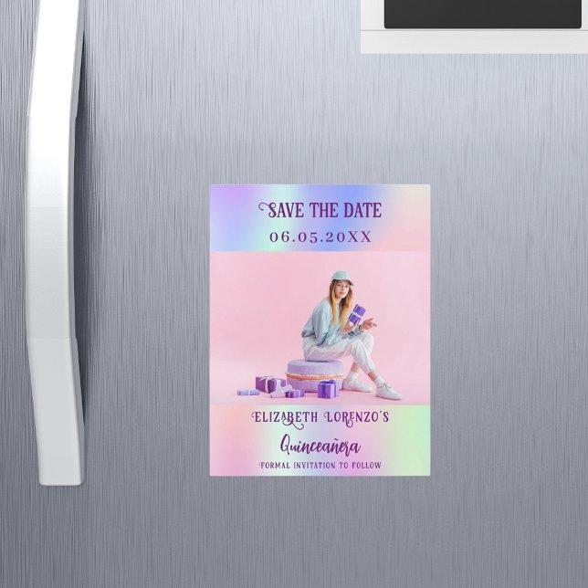 Holographic pink photo Quinceanera Save the Date (Creator Uploaded)
