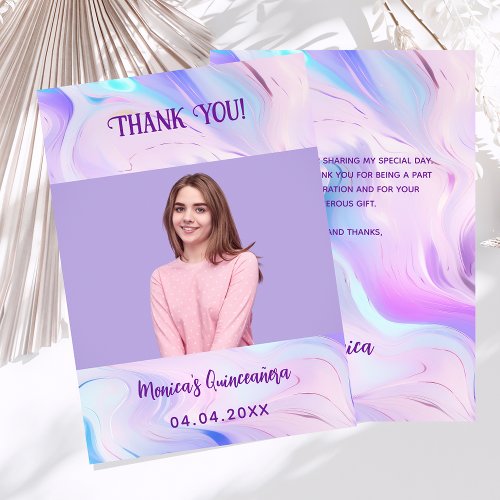 Holographic pink  photo Quinceanera thank you card