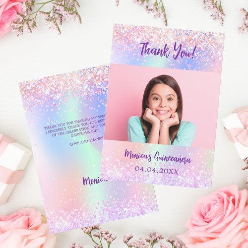 Holographic pink photo Quinceanera thank you card