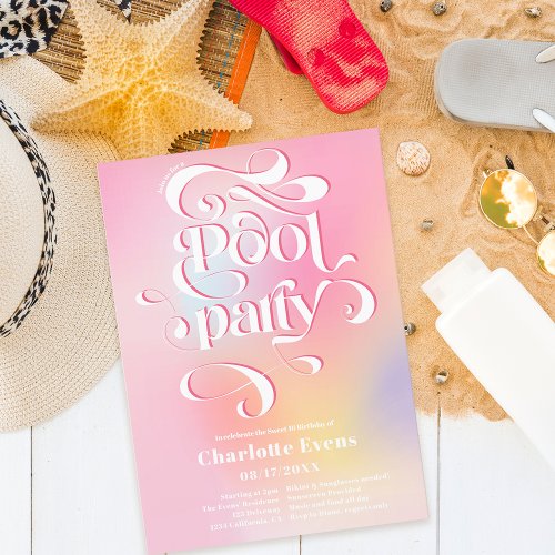 Holographic pink pool party script swirls Sweet 16 Invitation