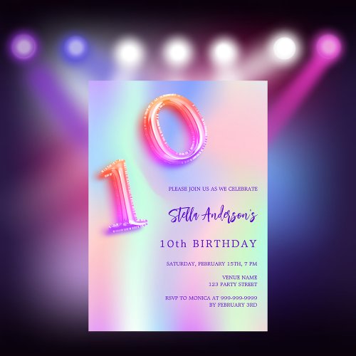 Holographic pink purple 10th birthday invitation