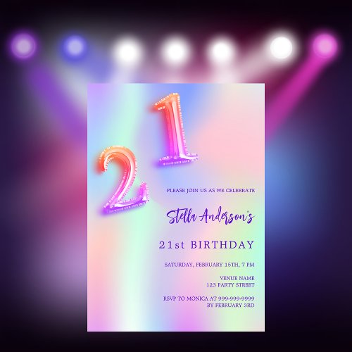 Holographic pink purple 21st birthday invitation