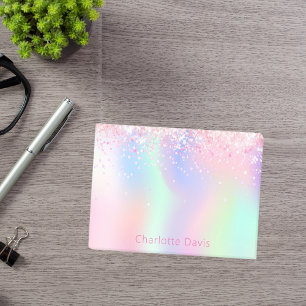 Holographic pink purple confetti name post-it notes