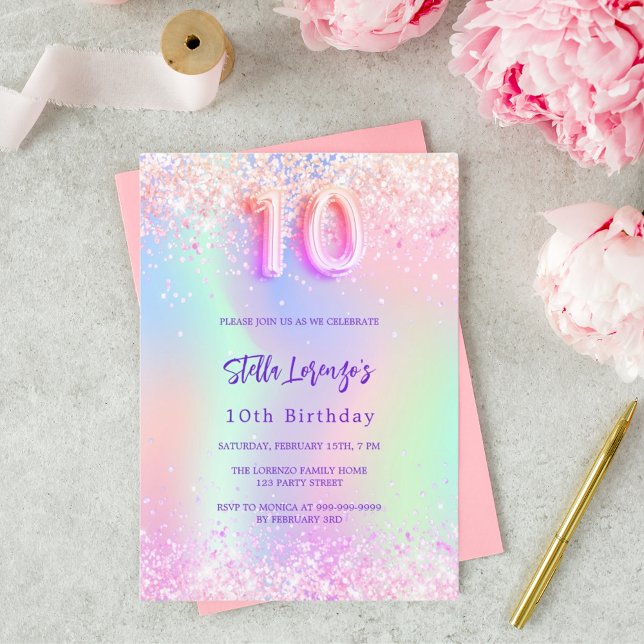 Holographic pink purple drips 10th birthday invitation (Creator Uploaded)