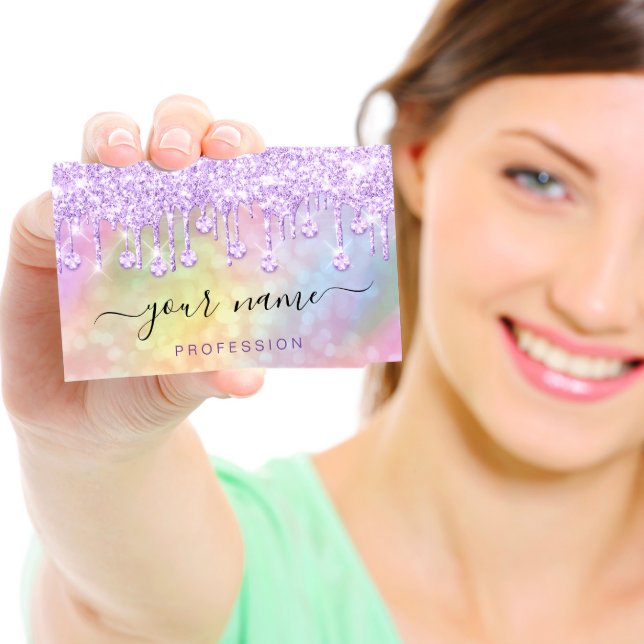 Holographic Pink Purple  Drips Makeup Artist Business Card
