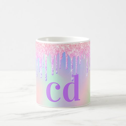Holographic pink purple drips monogram  coffee mug