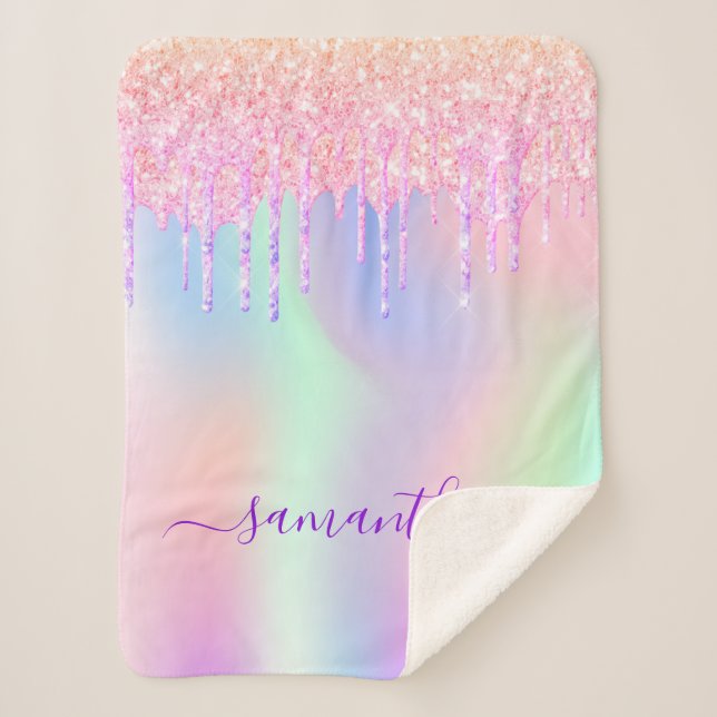 Holographic pink purple drips name sherpa blanket (Front)