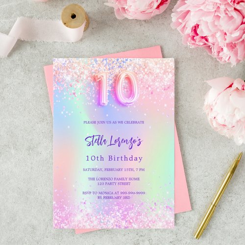 Holographic pink purple glitter 10th birthday invitation