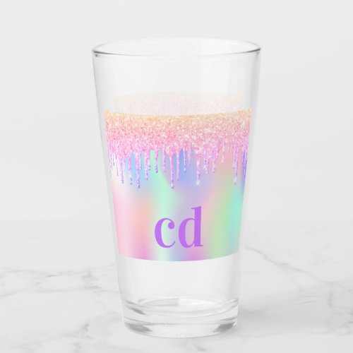 Holographic pink purple glitter drips monogram glass