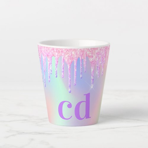 Holographic pink purple glitter drips monogram latte mug