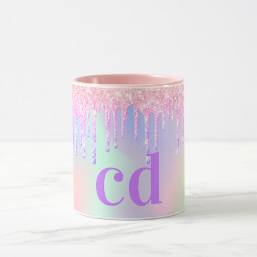 Holographic pink purple glitter drips monogram mug