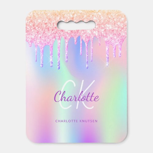 Holographic pink purple glitter drips monogram seat cushion