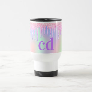 Holographic pink purple glitter drips monogram travel mug