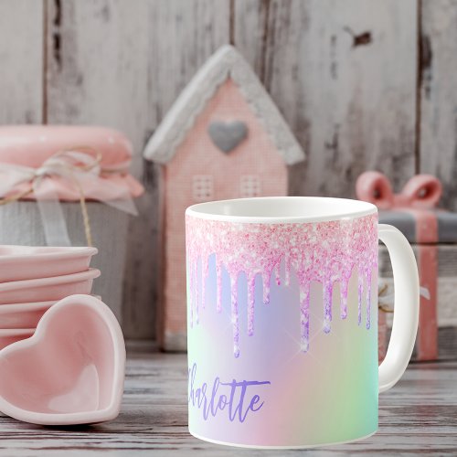 Holographic pink purple glitter drips name coffee mug