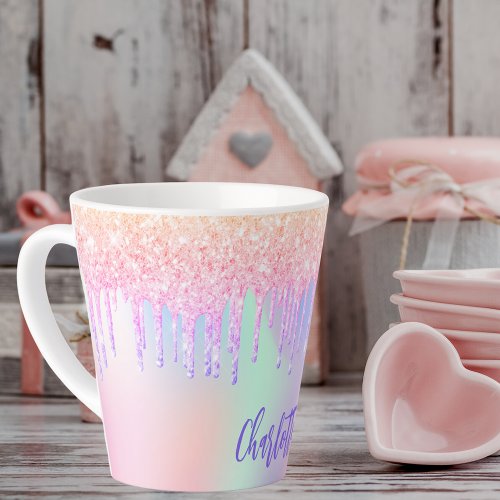 Holographic pink purple glitter drips name latte mug