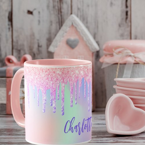 Holographic pink purple glitter drips name mug
