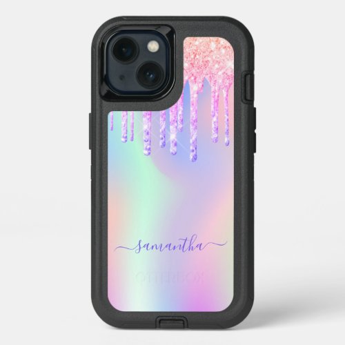 Holographic pink purple glitter drips unicorn name iPhone 13 case