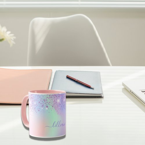 Holographic pink purple glitter green rainbow mug