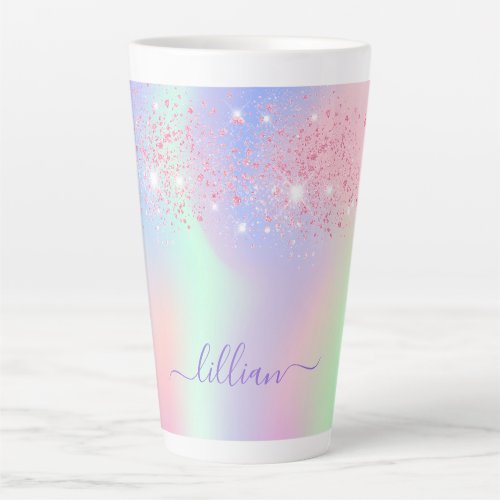 Holographic pink purple glitter mint green name latte mug