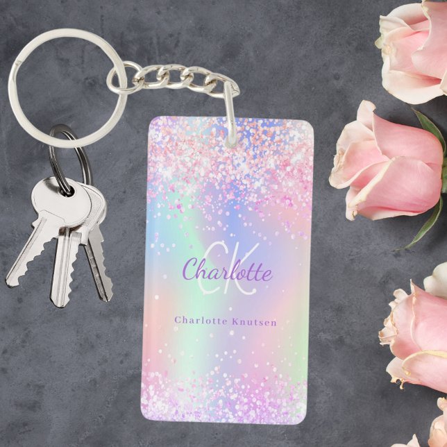Holographic pink purple glitter monogram name keychain (Creator Uploaded)