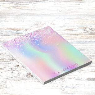 Holographic pink purple glitter name notepad