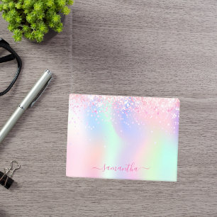 Holographic pink purple glitter name post-it notes