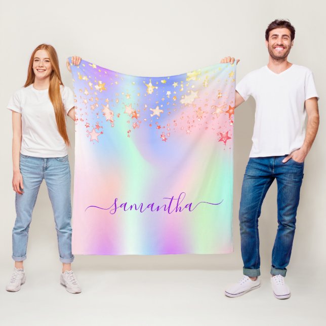 Holographic pink purple gold stars name script fleece blanket (In Situ)