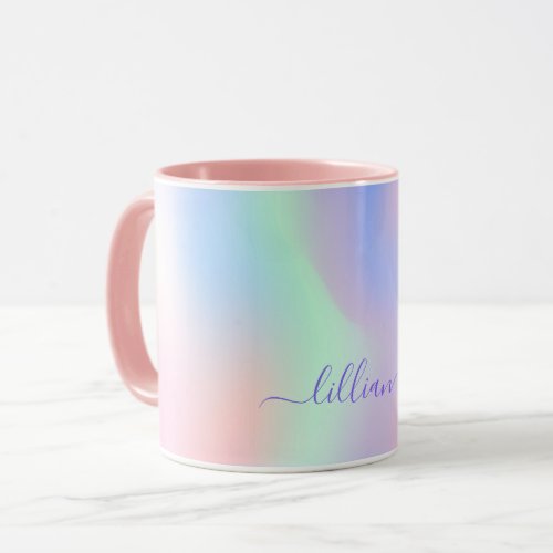 Holographic pink purple green name script mug