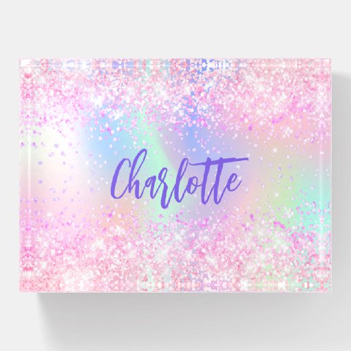 Holographic pink purple mint name script paperweight | Zazzle