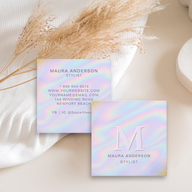 Holographic Pink Purple Modern Monogram Elegant Square Business Card (holographic business card square pink teal monogram hairdresser stylist artist lash nails make up)