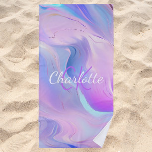 Holographic pink purple monogram initials name beach towel