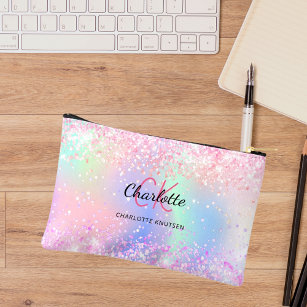 Holographic pink purple monogram name accessory pouch