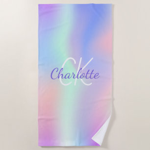 Holographic pink purple monogram name beach towel
