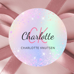 Holographic pink purple monogram name classic round sticker